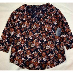 Women's Lucky Brand Black with Floral Print 3/4 Sleeve Shirt‎ S NWT